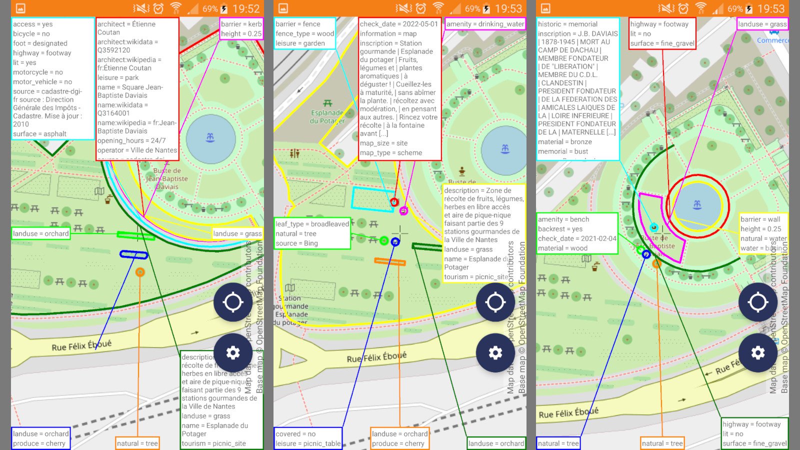 Au delà de l'aspect visuel OpenStreetMap contient de très nombreuses informations (les données) qui caractérisent les éléments de la carte.